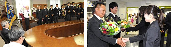 全日本大学野球選手権大会を制した硬式野球部が代々木キャンパスで優勝を報告しました