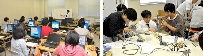 コンピュータ応用工学科で１年次生の必修科目「メカトロニクス実験」を実施しています
